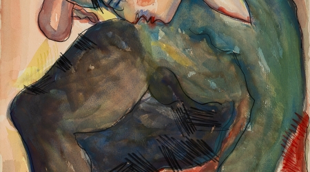 Laura Terr&eacute;, Autorretrato en la pensi&oacute;n, 1986, t&eacute;cnica mixta sobre papel, 51 X 70,5 cm.