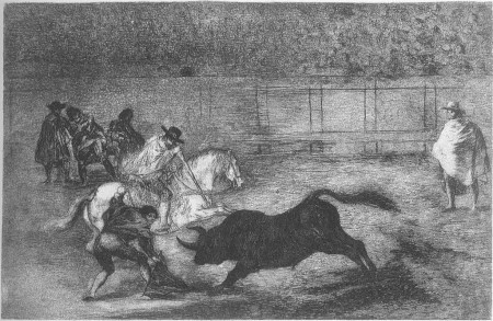 Caballero español quebrando rejones con ayuda de los chulos