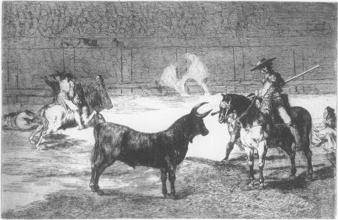 El célebre Fernando del Toro, barilarguero, obligando a la fiera con su garrocha