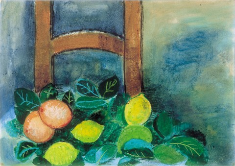 Bodegón con frutas y silla