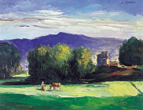 Prado y mujer con vaca